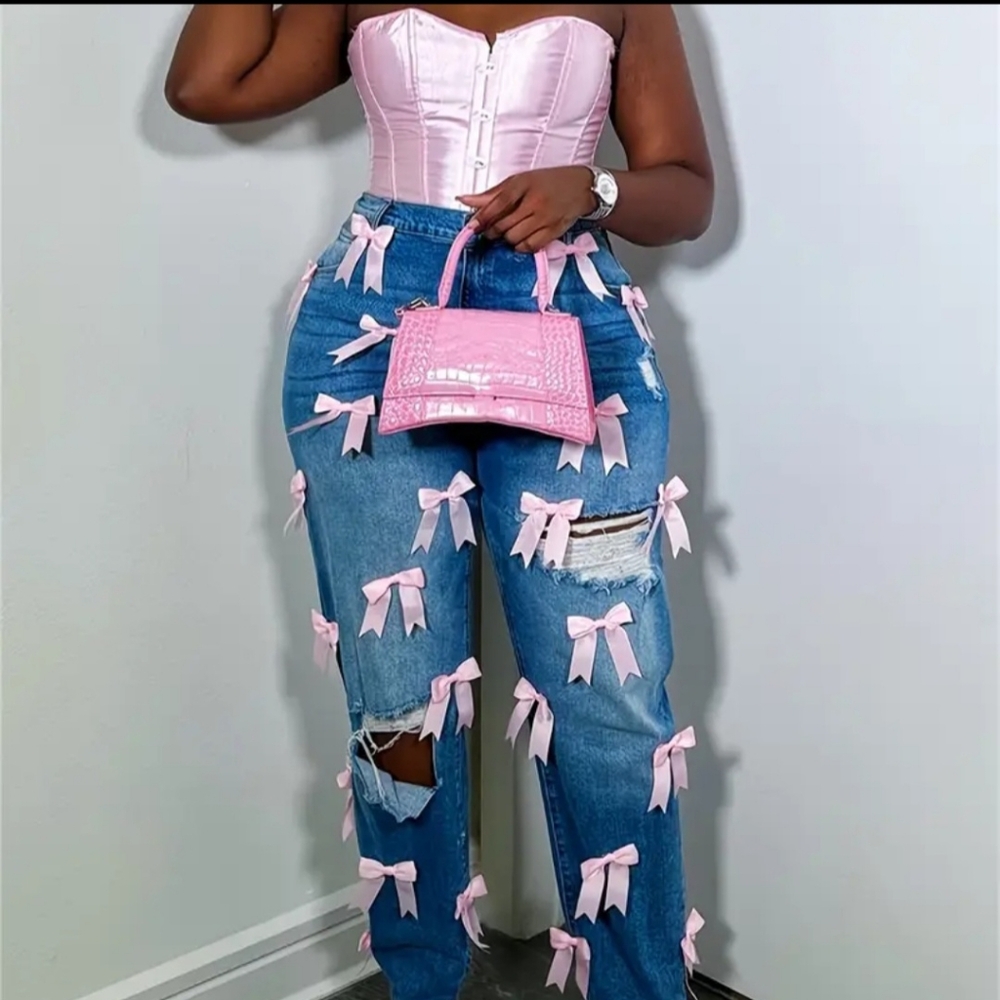Women's Blue Jeans with Pink Bows